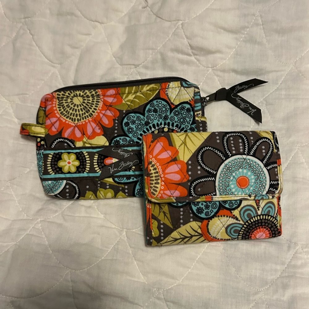 Vera Bradley Floral Wallet and Makeup Pouch Set